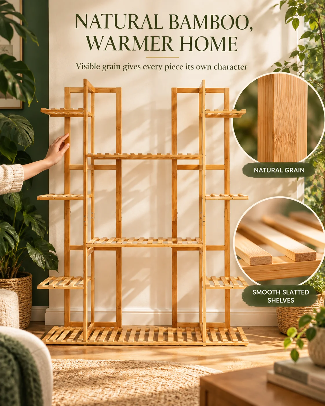 Multi-Tier Bamboo Plant Stand 48in Tall Wooden Flower Pot Display Shelf for Indoor Living Room Balcony Corner