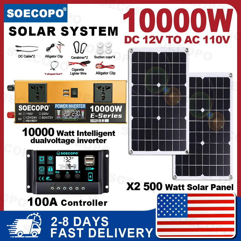 

SOECOPO 10000 Вт в комплекте для домашнего кемпинга, солнечный комплект, панели 2 × 500 Вт, 12 В/24 В до 110 В/220 В, два розетки, инвертор, контроллер 100 А
