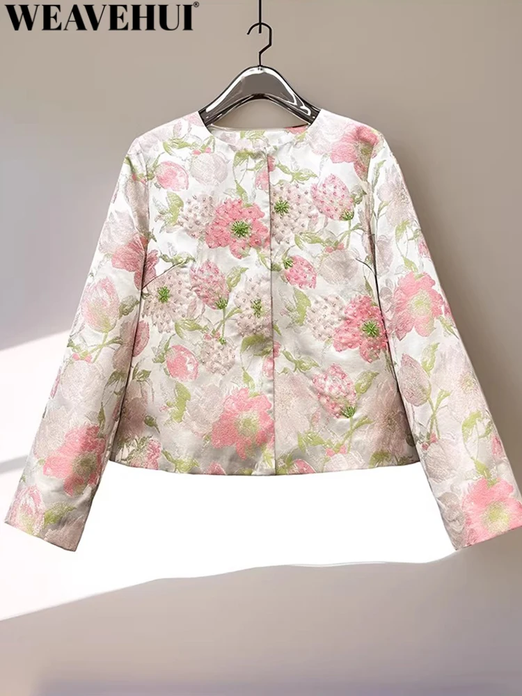 WEAVEHUI Women O-Neck Long Sleeves Jacquard Embroidery Beading Concealed Buttons Spring Autumnal Chinese style Coat