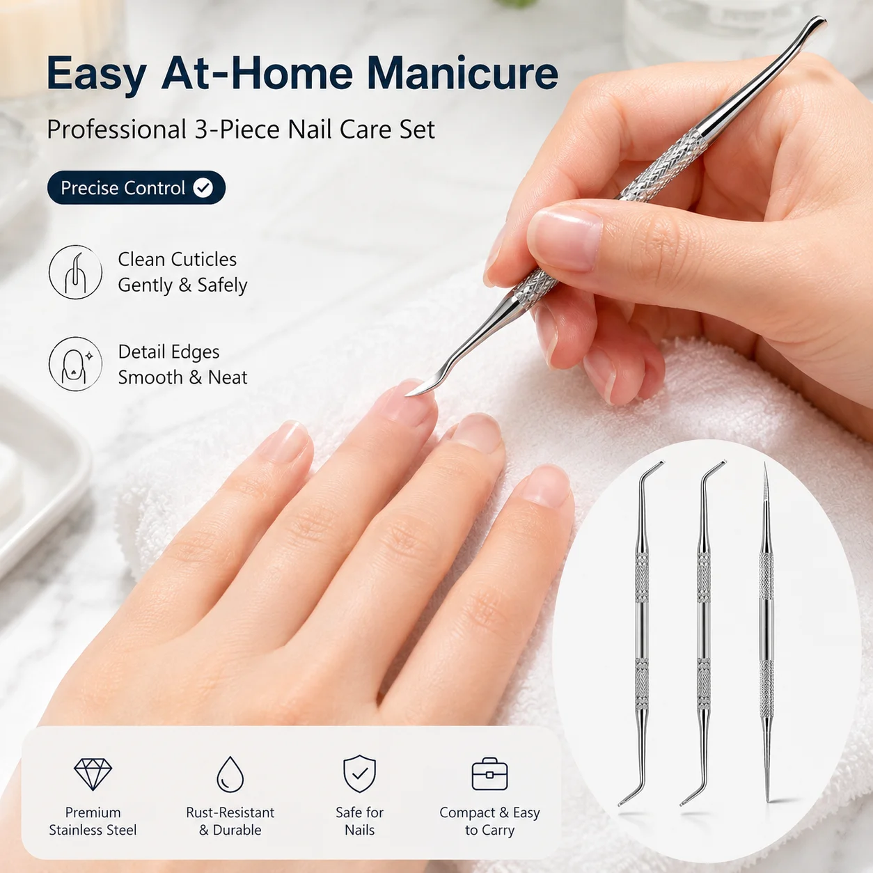 3PCS Manicure Tool Set Stainless Steel Nail Care Kit Cuticle Remover Pusher Nail File Dead Skin Cleaner Pedicure Tools for Fingernail Toenail Care