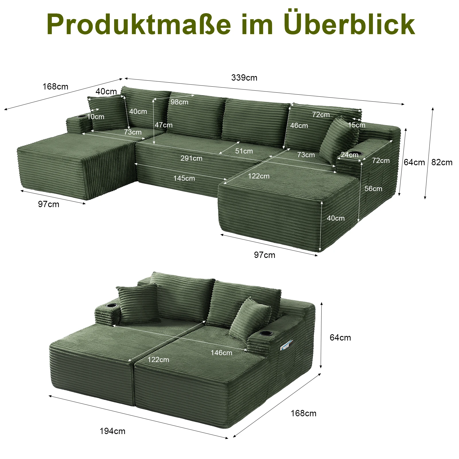 Modulares U-Sofa ohne Gestell in Grün – 6-Sitzer Cordsofa mit tiefer Sitzfläche & Memory-Schaum, bodennahe Lounge-Liege für Wohnzimmer, keine Montage erforderlich