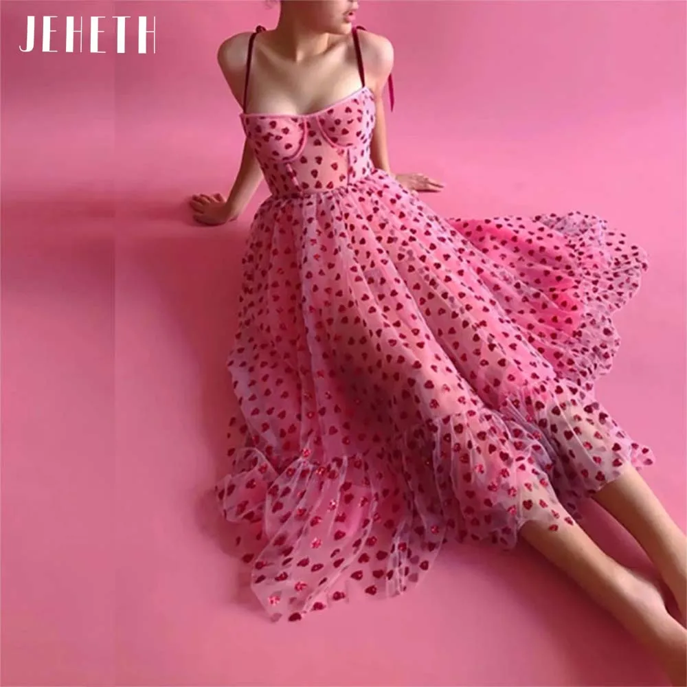 JEHETH Pink Heart Shape Tulle Prom Dress Fairy Sweetheart Spaghetti Straps A-Line Party Evening Gowns Tea Length Robes De Soirée