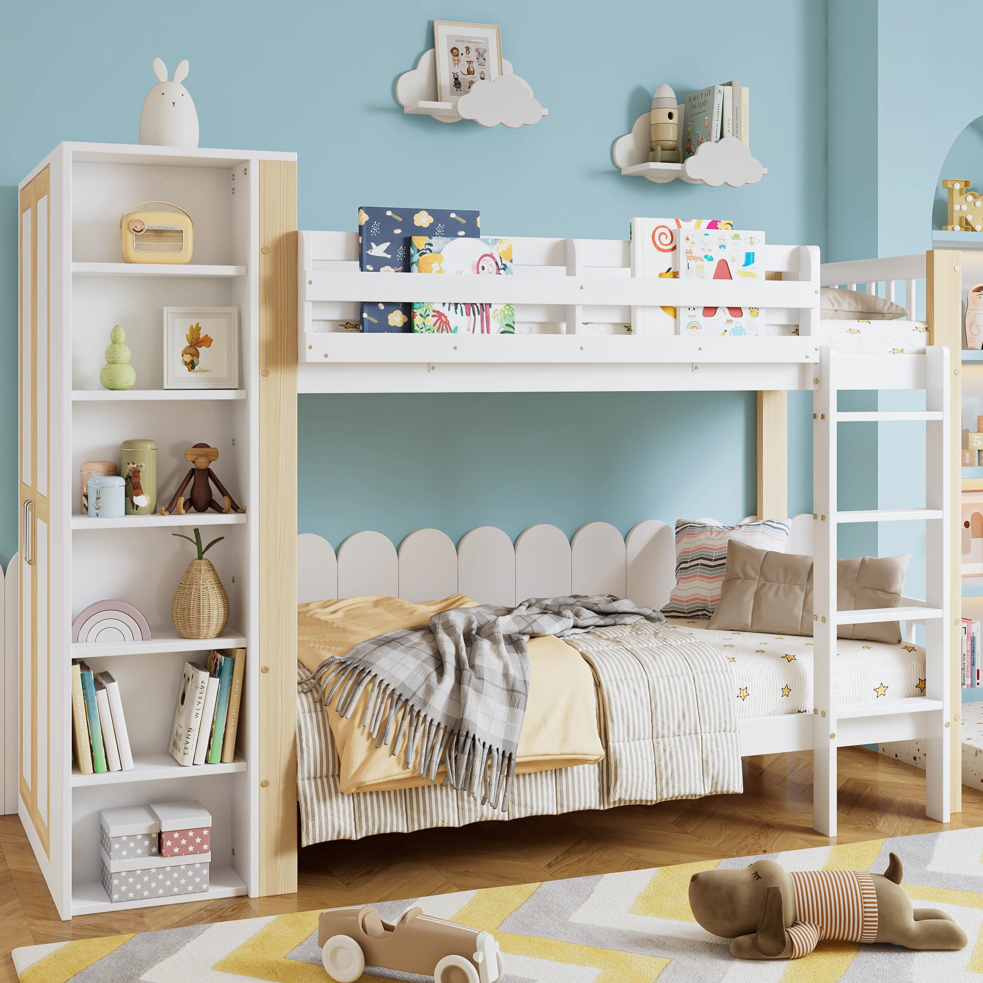 Lit au sol, lit enfant avec protection anti-chute et grille, avec échelle à 4 niveaux, 6 étagères ouvertes, placard sur le côté, beaucoup d'espace de rangement, 90x200cm