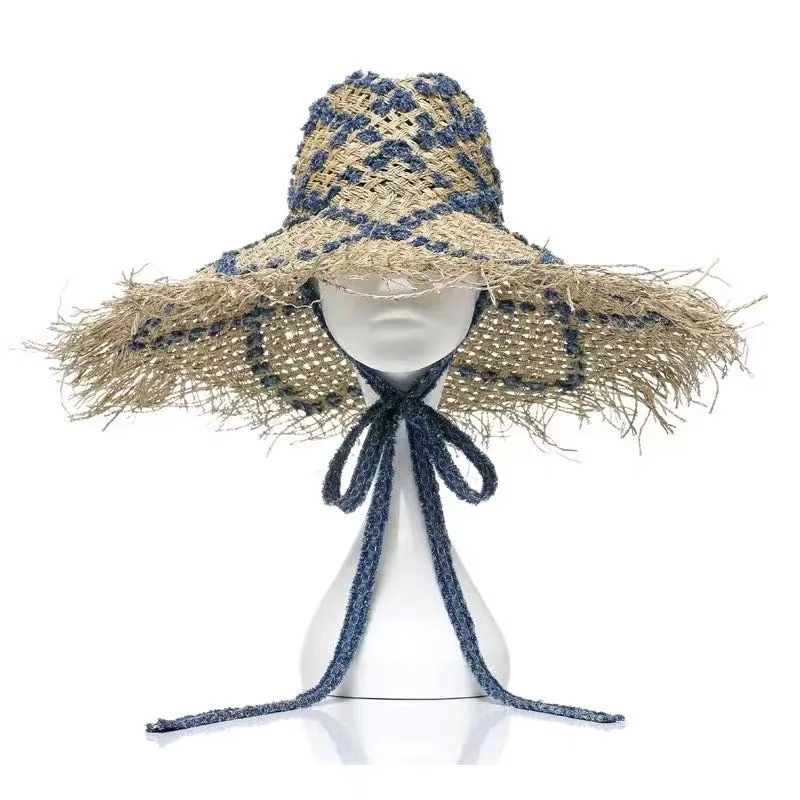 Fringed Brim Summer Hat For Women Blue Chin Strap Beach Hat Flower Pattern Panama Straw Sun Hats Ladies Outdoor Derby Travel Hat