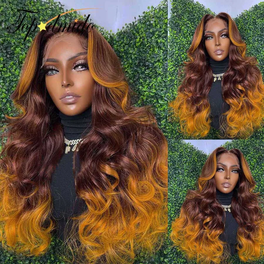 

Topodmido Highlight Ginger Color 13x4 Lace Front Wigs with Baby Hair Brown Color Brazilian Hair 4x4 Closure Wigs Glueless Wigs