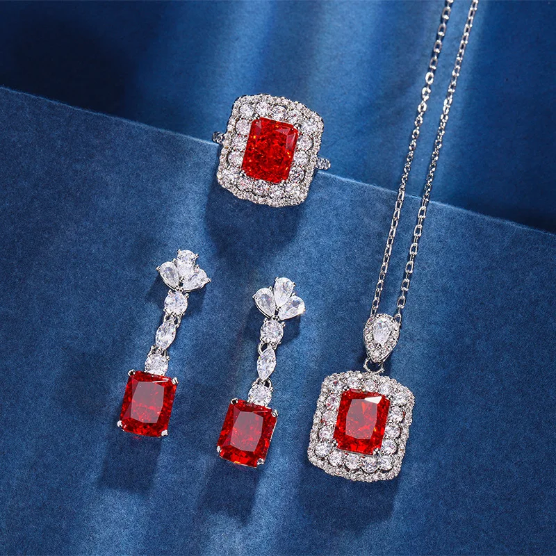 

Wedding Party Accessories Red High Carbon Diamond 5A Zircon Pendant Necklace Dangle Earrings Adjustable Ring Women Jewelry Set
