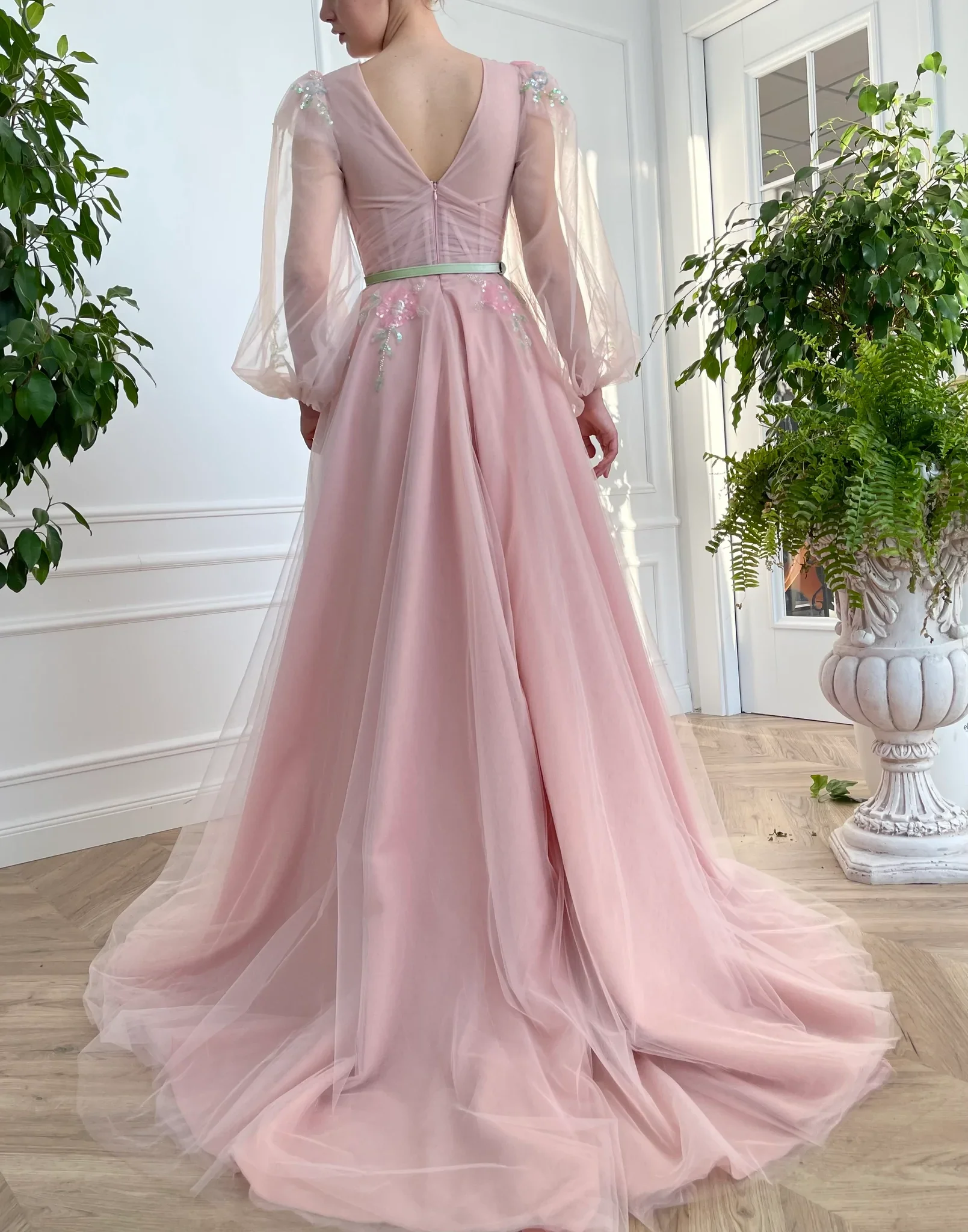 

15294# 100% Real Photos V-Neck Pink Tulle A-line Evening Dress For Women Sequined Appliques Lace Engagement Party Gown 2024