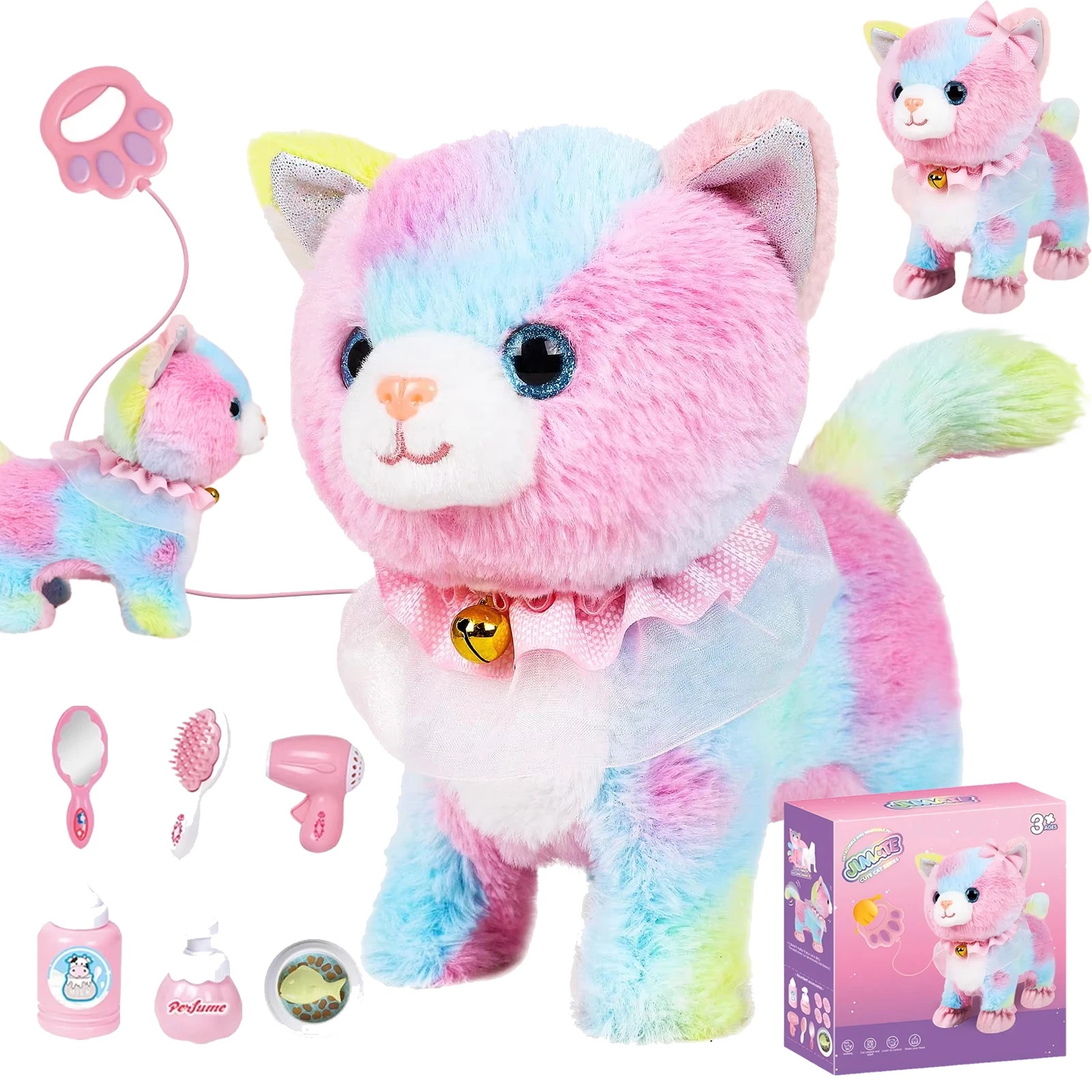 Kids RC Rainbow Cat Plush Toy Walking Kitten Grooming Beauty Accessories Set Adorable Pet Toy Birthday Present For Little Girls