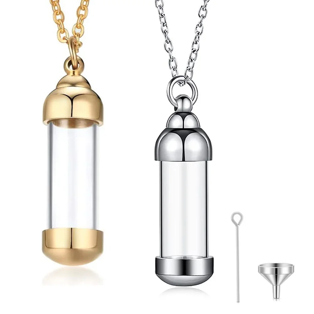 Collier cylindre en verre transparent, en acier inoxydable, flacon en forme de cœur, bouteille de parfum, pendentif urne de crémation, souvenir pour femmes
