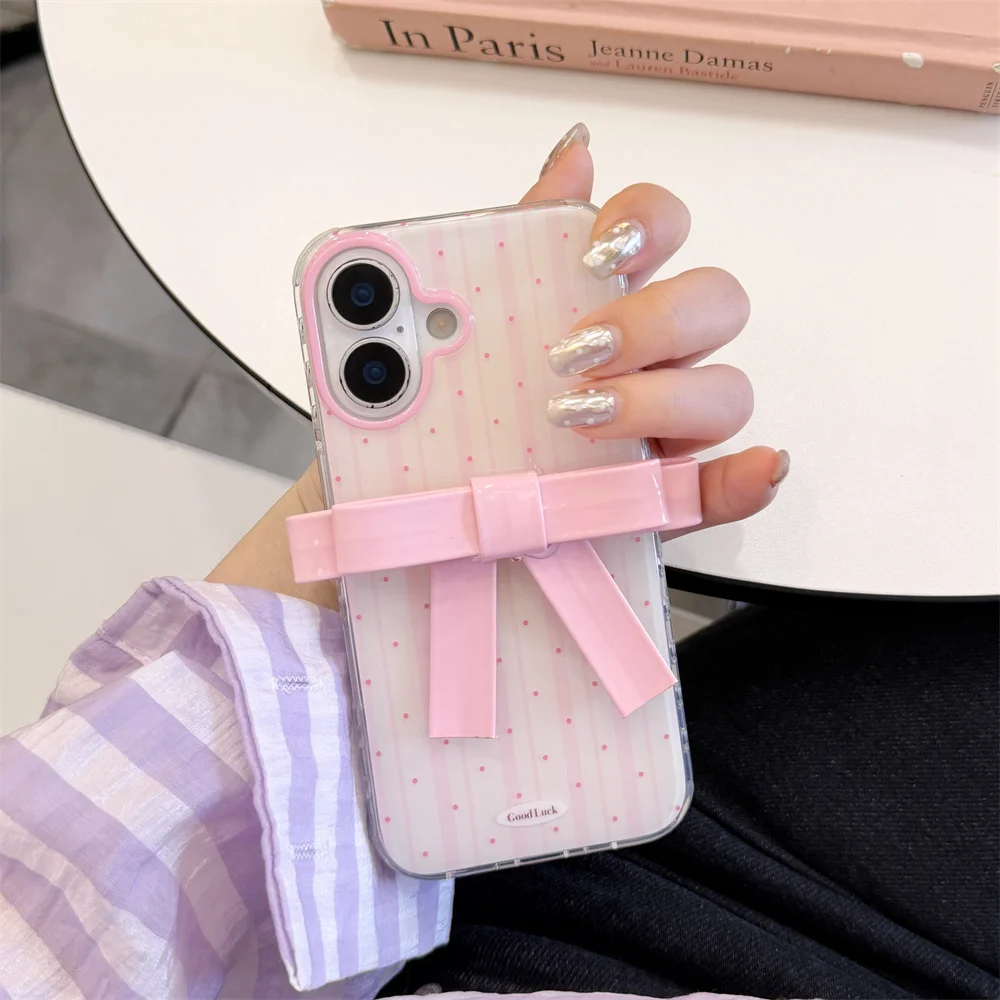 

Ins Korean luxury polka dot pink three-dimensional bow suitable for iPhone 17 Promax, 15, 16/14/13 Pro Max all inclusive anti fa