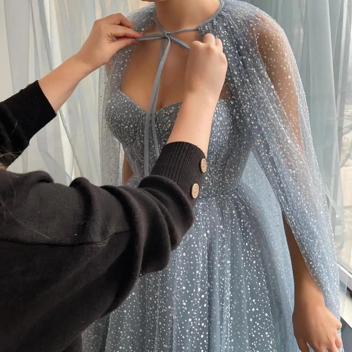 Dusty Blue Sparkly Tulle Prom Dresses with Long Cape Sweetheart A-Line Formal Women\'s Evening Formal Gowns Vestidos De Fieast