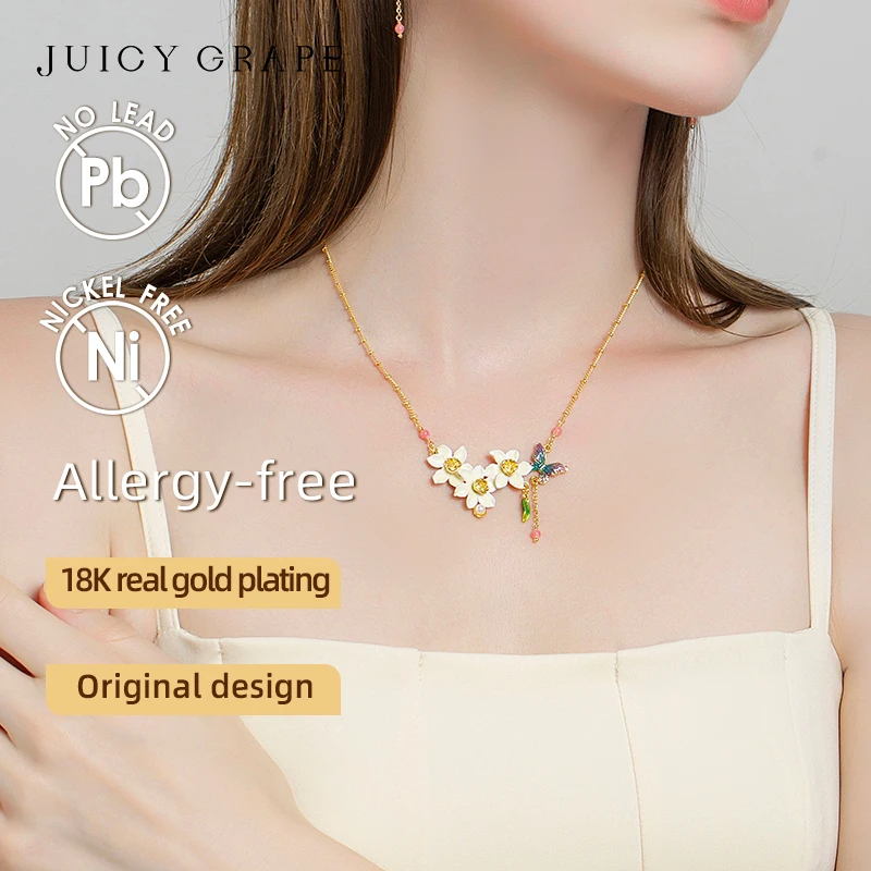 Juicy Grape 2024 New Daffodil Butterfly Necklace for Women 18k Gold Plated Handmake Enamel Necklace Birthday Party Jewelry