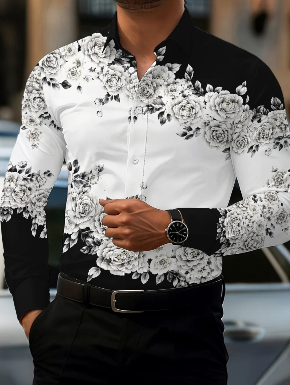 

Men's Spring and Autumn Long Sleeve Shirt 3D Red Rose Pattern Lapel Buttons Fashion Casual Elegant High-End Business Male Shirts