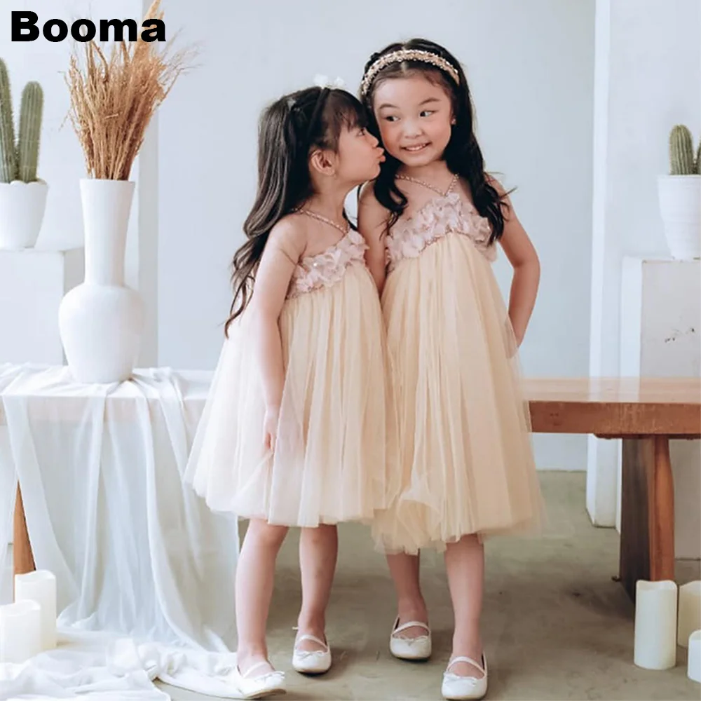 Booma A-Line Flowers Girl Dresses Tulle Sleeveless 3D Flowers Wedding Party Dress for Kids Girls Prom Gowns Customized