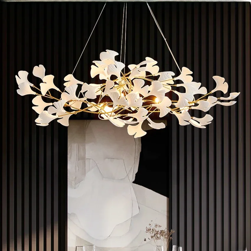 Binnenverlichting Luxe Keramische Kroonluchter Live Eetzaal Ginkgo Tak Blad Hanger Koperen Kunst Villa Led Hangende Lustres - afbeelding 2
