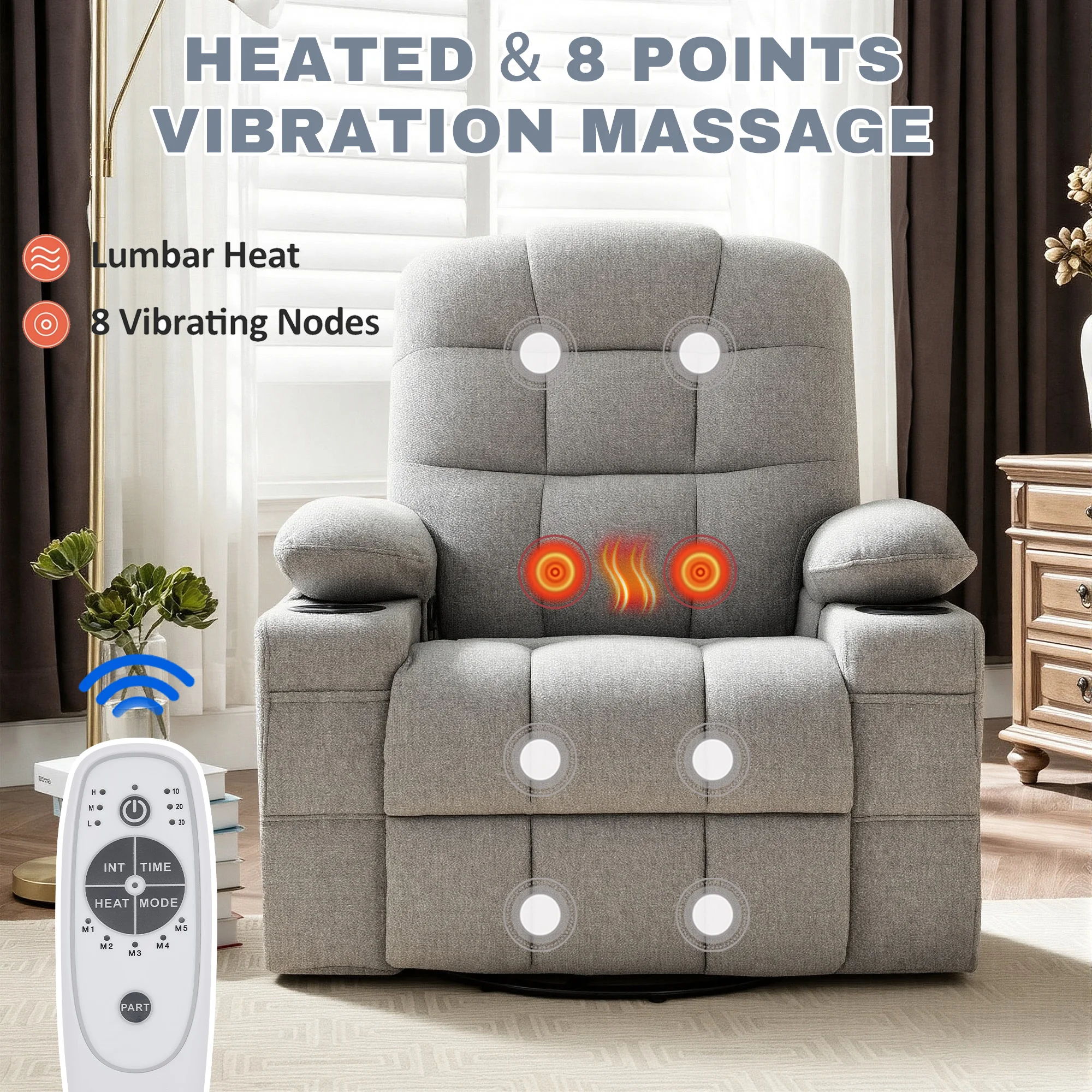 360° Swivel Rocker Recliner Chair, Chenille Upholstered Manual Recliner with Massage & Heating Function, Cup Holder Side Pocket for Lounge Room