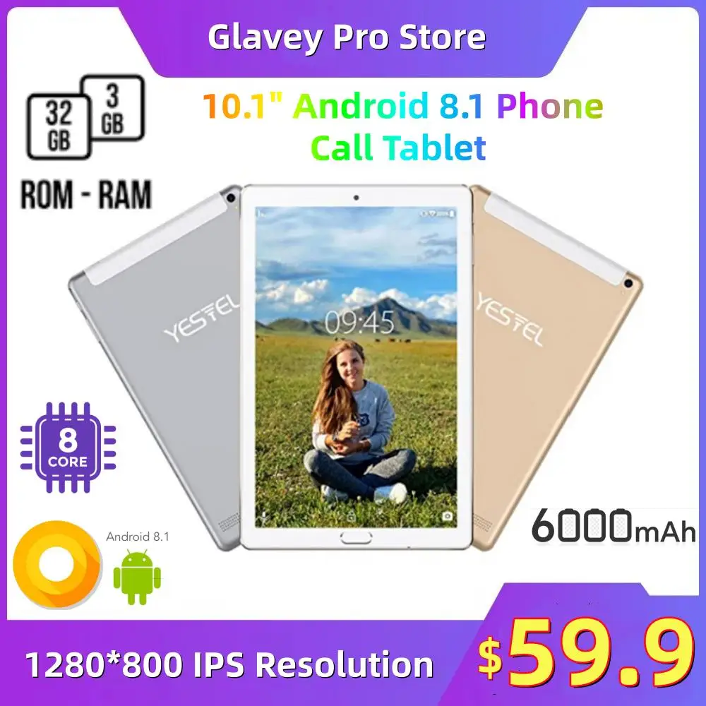 X3 10.1" Android 8.1 Phone Call Tablet PC Supports 2G\3G\4G MTK6753 8-Core 3GB RAM 32GB ROM 1280*800 IPS Dual Camears 6000mAh