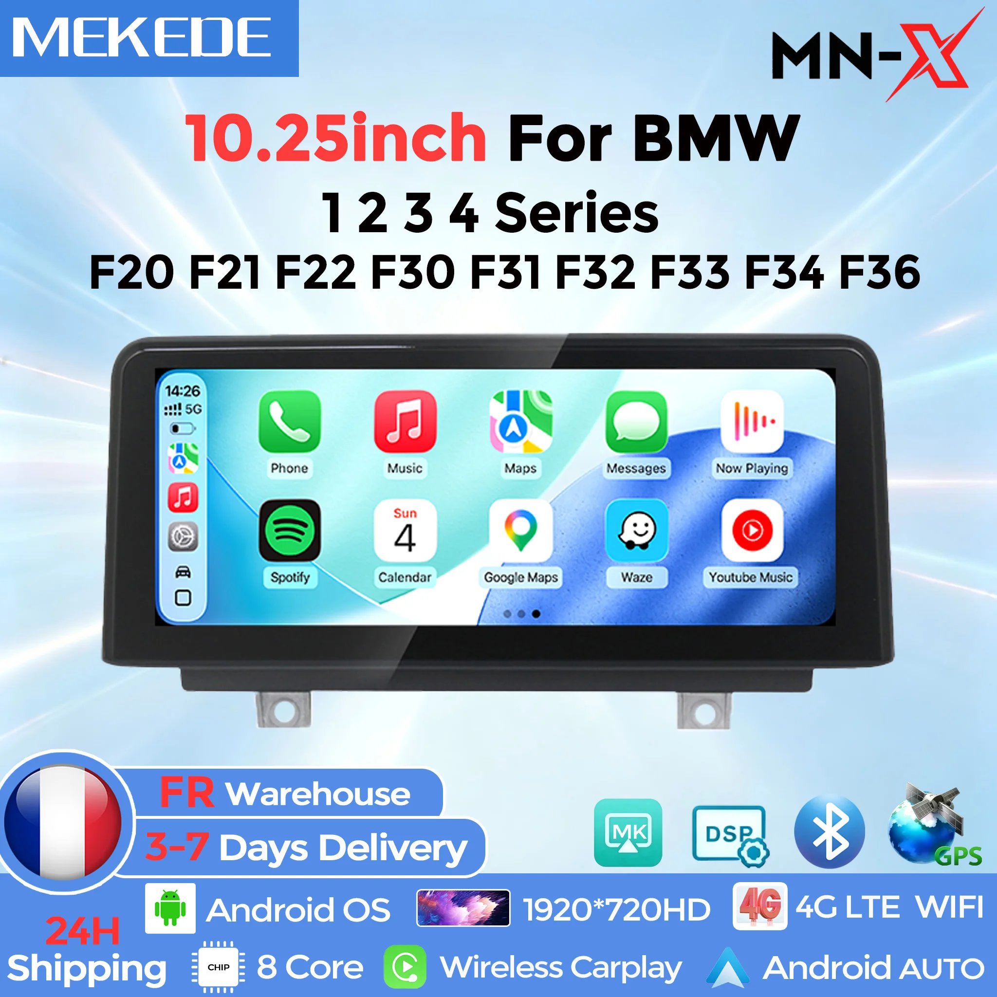 MEKEDE EU-Lager 10,25 Zoll Android-System Auto-Multimedia-Player für BMW 1 2 3 4 Serie F20 F21 F22 F30 F31 F32 F33 F34 F36 Kabelloses Carplay Android Auto 8-Kern Intelligentes System 4G+WiFi BT Stereo