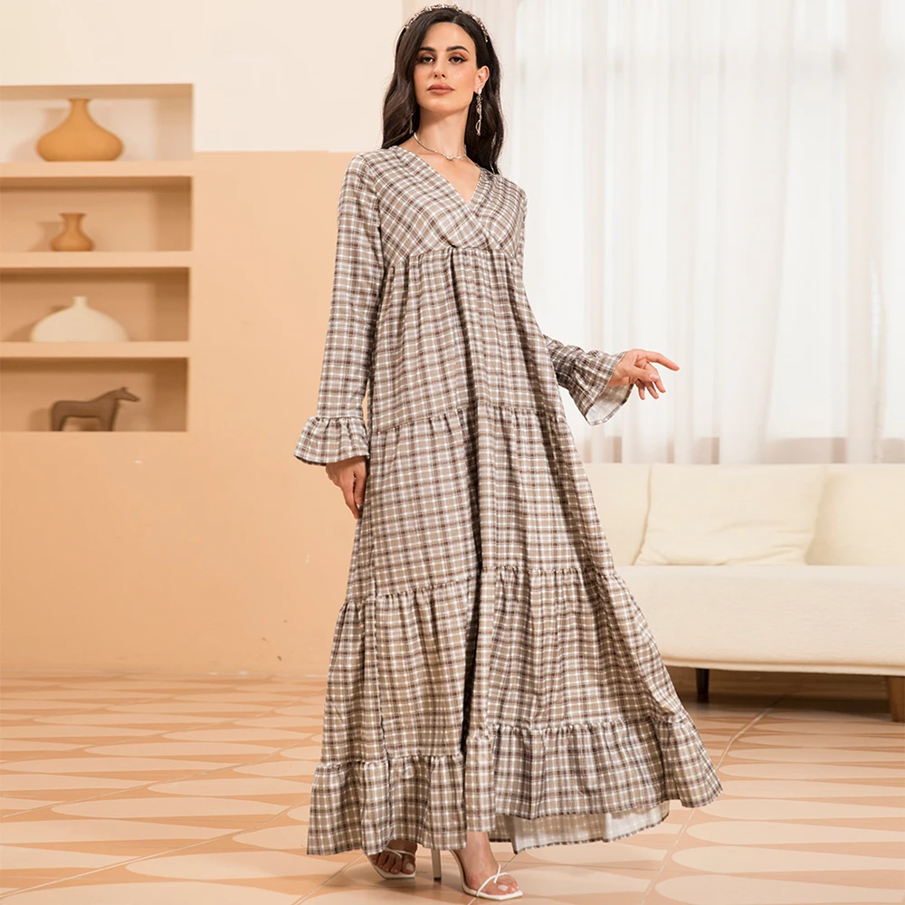 Elegant style V-neck Plaid Splicing Ruffle Flared sleeve Long Dresses