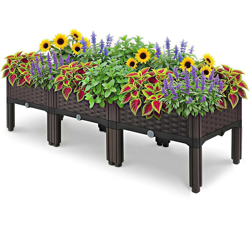 Raised Garden Bed with Support Legs, Elevated Plastic Planter Box for Outdoor Gardening, Interlocking Modular Design, Weather Resistant Rattan Texture, Ideal for Planting Vegetables, Herbs and Flowers at Home