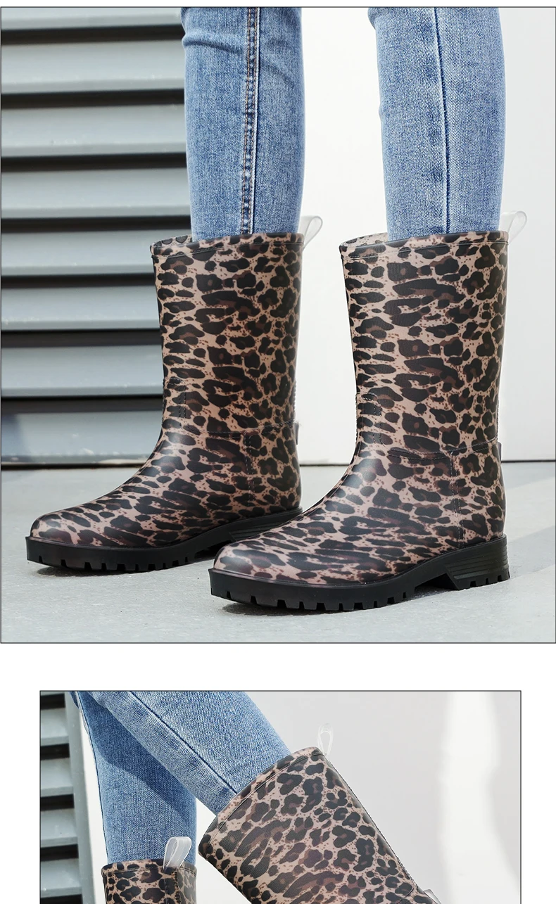 Damen-Regenstiefel mit Leopardenmuster, die bis zur Mitte der Wade reichen und rutschfest sind, einteilige, wasserdichte Gummistiefel aus PVC für den Außenbereich, Wasserschuhe zum Angeln, Regenstiefel für Gartenarbeiten, Wasserschuhe für den Garten. – Detail 12