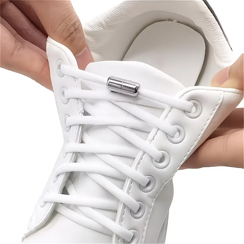 1 Pair of No-Tie Metal Buckle Shoelaces, Black and White Flat Elastic Shoelaces, Replacement Shoelaces for Sneakers and Sports Shoes