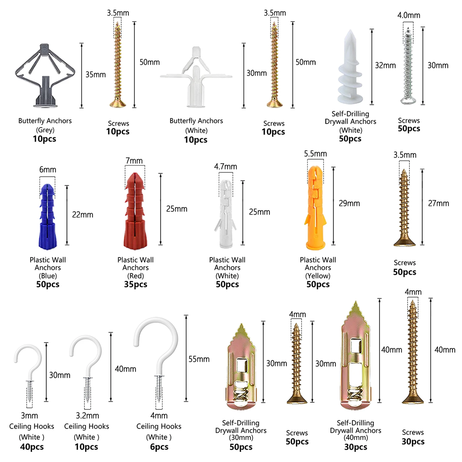 VKKM 591Pcs Drywall Anchors and Screws Assortment Kit, 9 Types Wall Plug and Self Tapping Screws Set for Drywall Plaster Wall Mounting Hardware