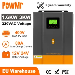 PowMr 1.6KW 3KW Hybrid Solar Inverter 12V 24V 220V Pure Sine Wave Inverter with MPPT 80A Solar Charger Controller