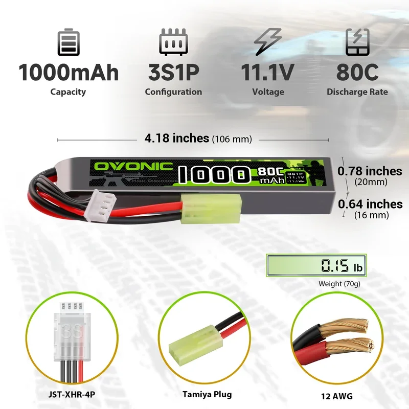 Ovonic 3S LiPo Battery, 11.1V 1000mAh 3S1P 80C with Tamiya Connector, Rechargeable LiPo Battery Compatible with Airsoft Guns