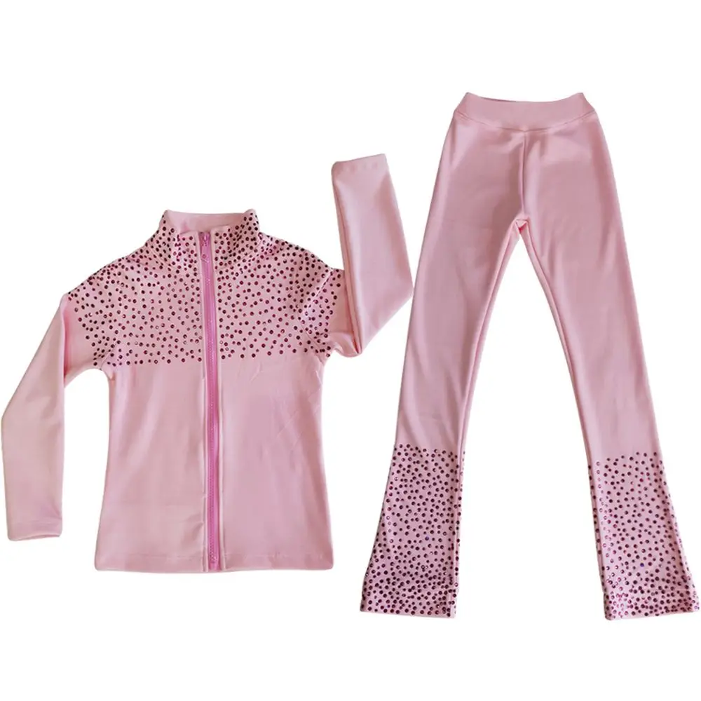 Veste d'entraînement de patinage artistique pour filles, vêtements d'entraînement, pantalons de patinage, ensemble de vêtements roses, documents solides, diamants