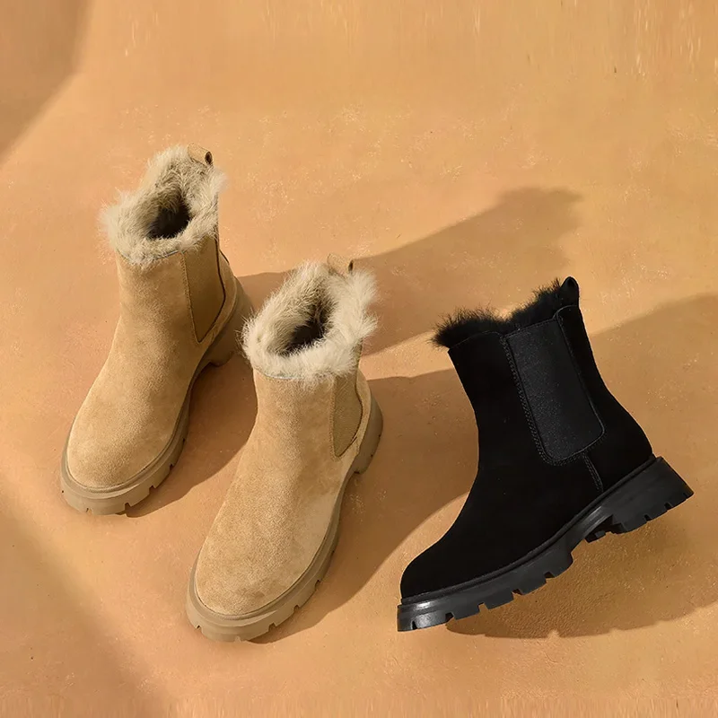 BeauToday Snow Chelsea Boots kobiety zamszowe 2022 Hot latform futerkowe buty okrągłe Toe damskie ciepłe zimowe buty Handmade C08206 — zdjęcie 2