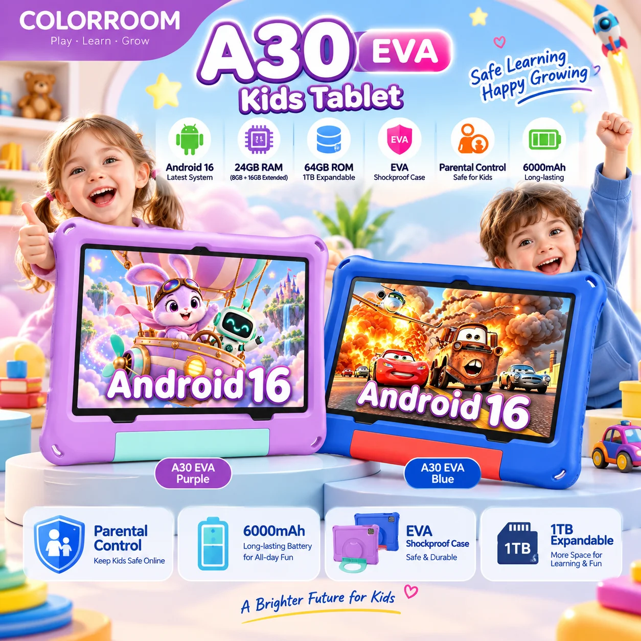 COLORROOM Kids Tablet 10.1 Inch Android 16, 6GB RAM 64GB ROM, 1TB Expandable, 6000mAh, WiFi, EVA Case, Parental Control, Google
