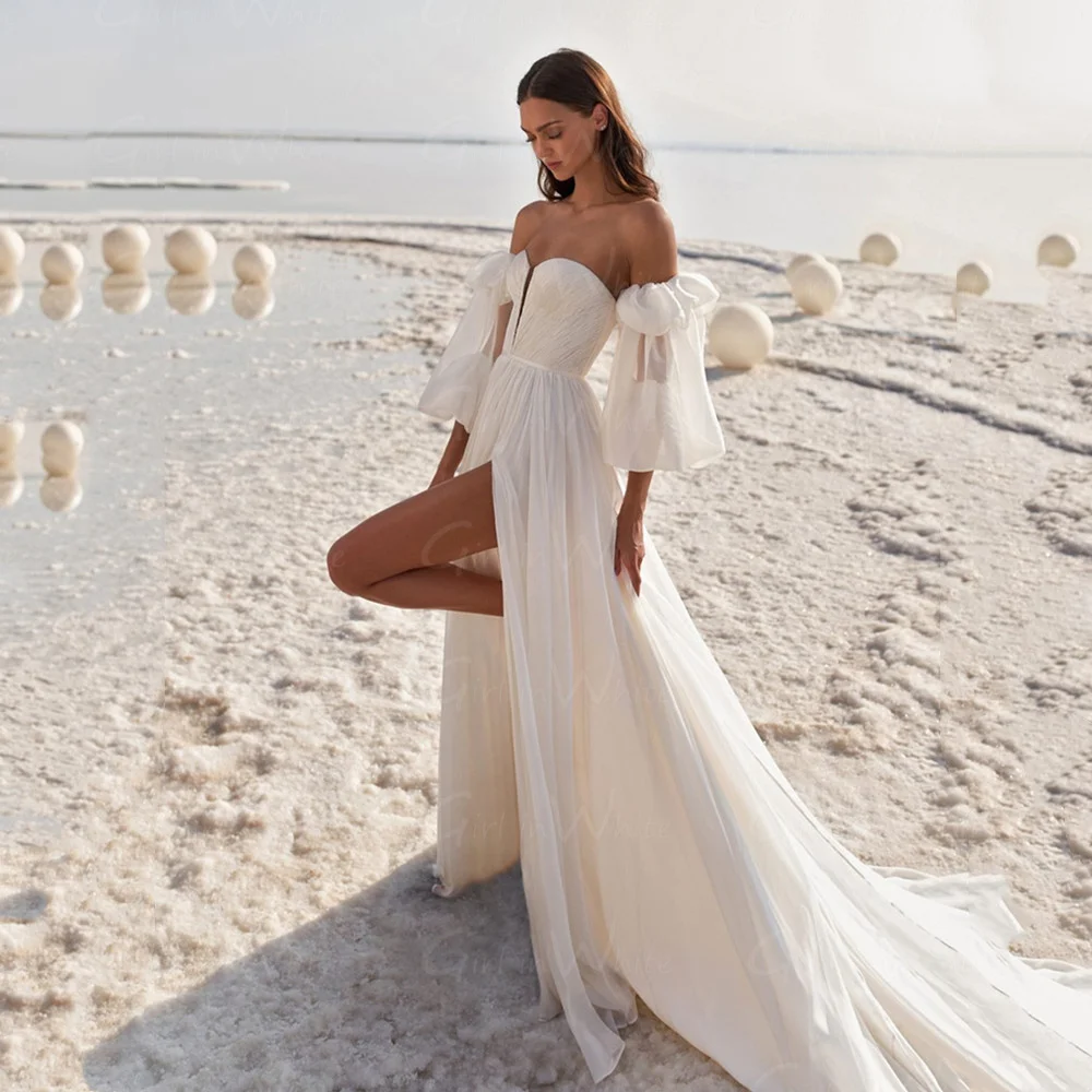 Robe De mariée trapèze De plage, épaules dénudées, style Boho, chérie, personnalisée sur le côté, en Tulle