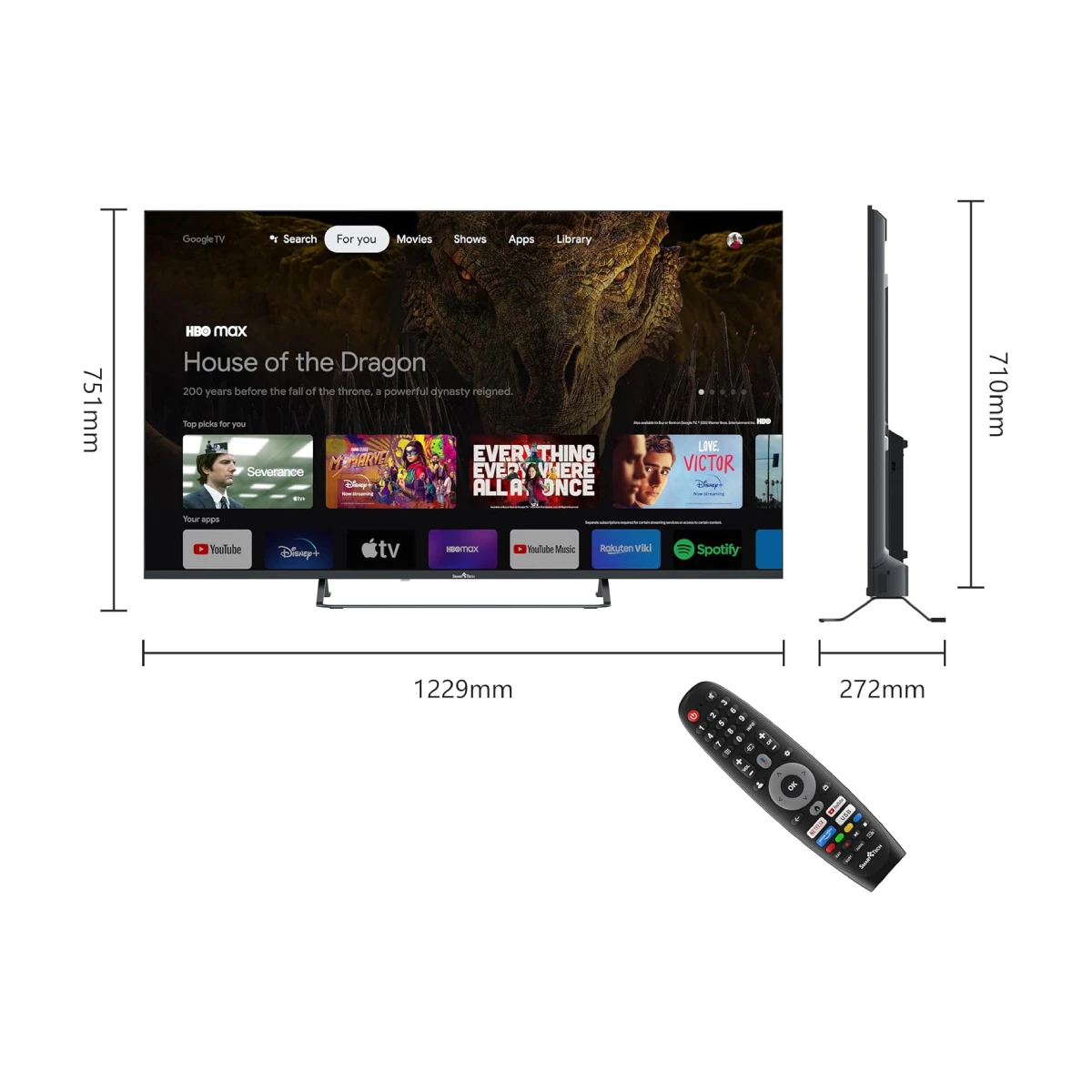 Smart Tech 55 UG10V3 55 بوصة Ultra HD 4K Smart HDR Google TV، Dolby Audio، Wi-Fi، Bluetooth، Chromecast، أسود