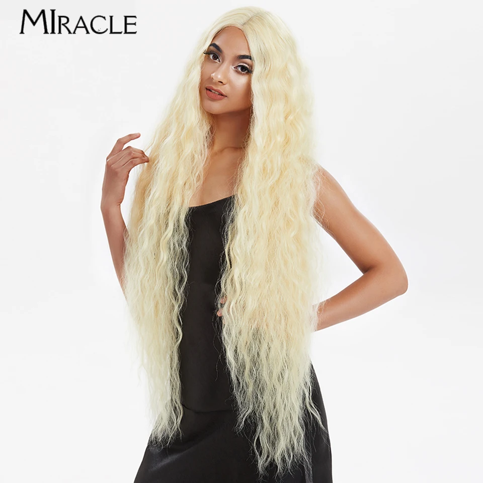 MIRECLE-peluca sintética con malla frontal para mujer, falso pelo rizado, peluca de encaje de fibra de 41 pulgadas, Cosplay, colores Rubio, rojo y