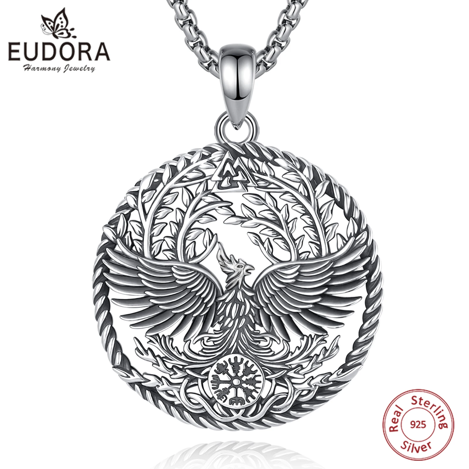 Eudora 925 Sterling Silver Phoenix Necklace Tree of Life Viking Compass Pendant Vintage Jewelry spiritual Gift for Women Men