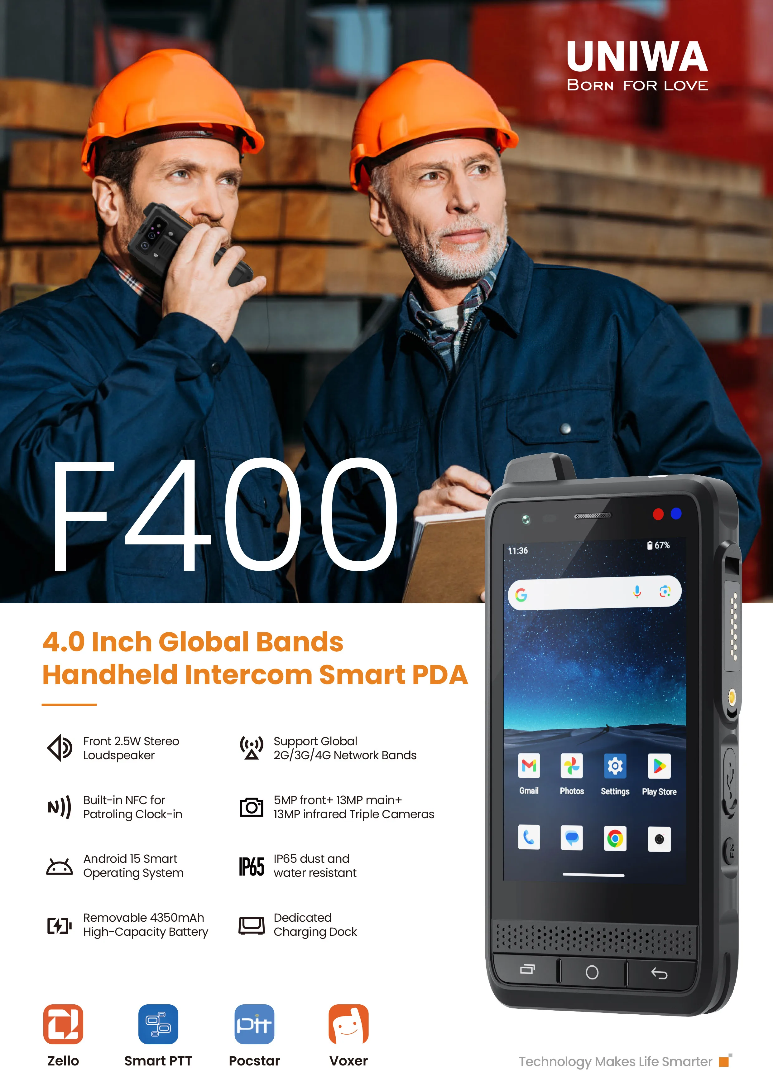 UNIWA F400 Zello POC Walkie Talkie Global 4G Rugged PDA Android 15 4 Inch 4GB+64GB 2.5W Big Speaker 4350mAh PoC SOS Button NFC