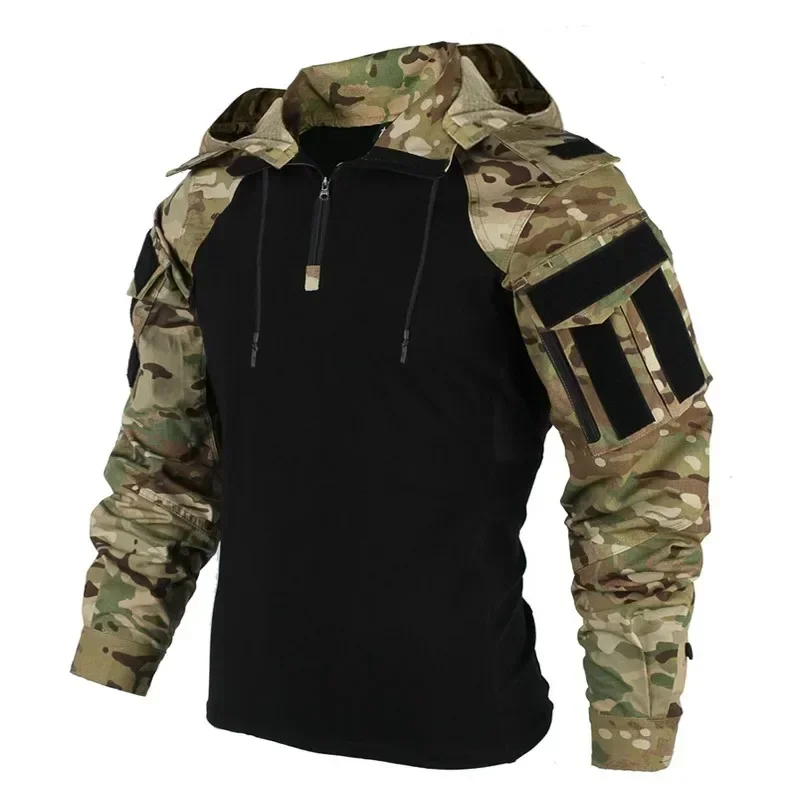 Koszule outdoorowe Camo Combat T-Shirt z kapturem Męska koszula taktyczna do pracy Airsoft Paintball Camping Odzież myśliwska Odporna na zużycie — zdjęcie 2
