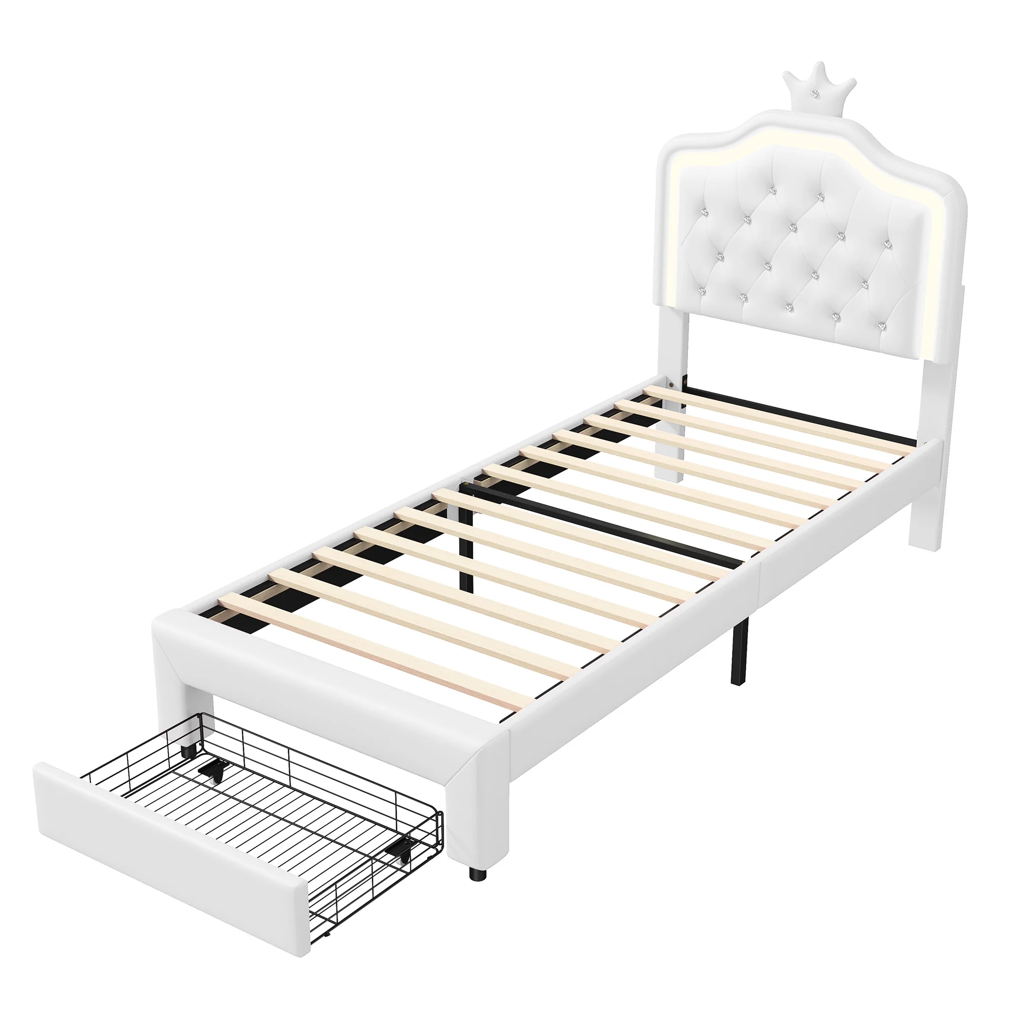 Prinsessenbed 90x200cm, gestoffeerd kinderbed, eenpersoons meisjesbed met verstelbare ledverlichting en lade, verstelbaar kroonvormig hoofdeinde, PU-leer, wit/roze - afbeelding 2