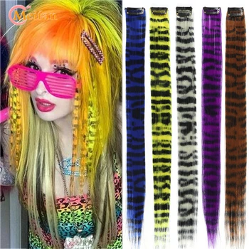 MEIFAN – Extensions capillaires synthétiques lisses colorées à rayures imprimées, Extensions capillaires une pièce à clips, rouge, vert, bleu, pour Halloween