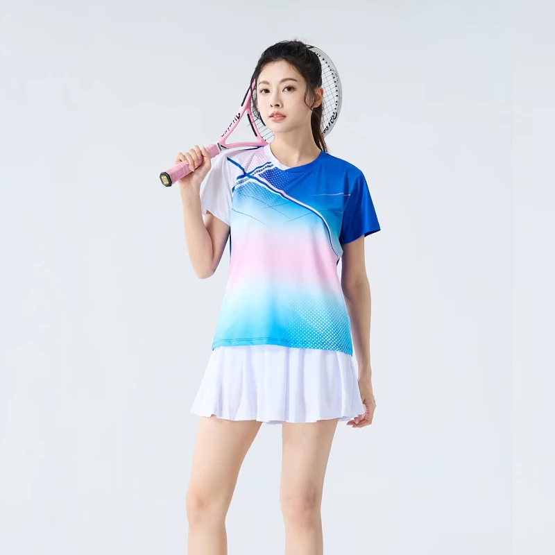 Badminton-Shirt für Damen, hochwertiges, individuell bedrucktes Tennis-Bekleidungs-Sport-Pingpong-T-Shirt mit Sublimationsdruck, sportlich, schnell trocknend, kurzärmelig