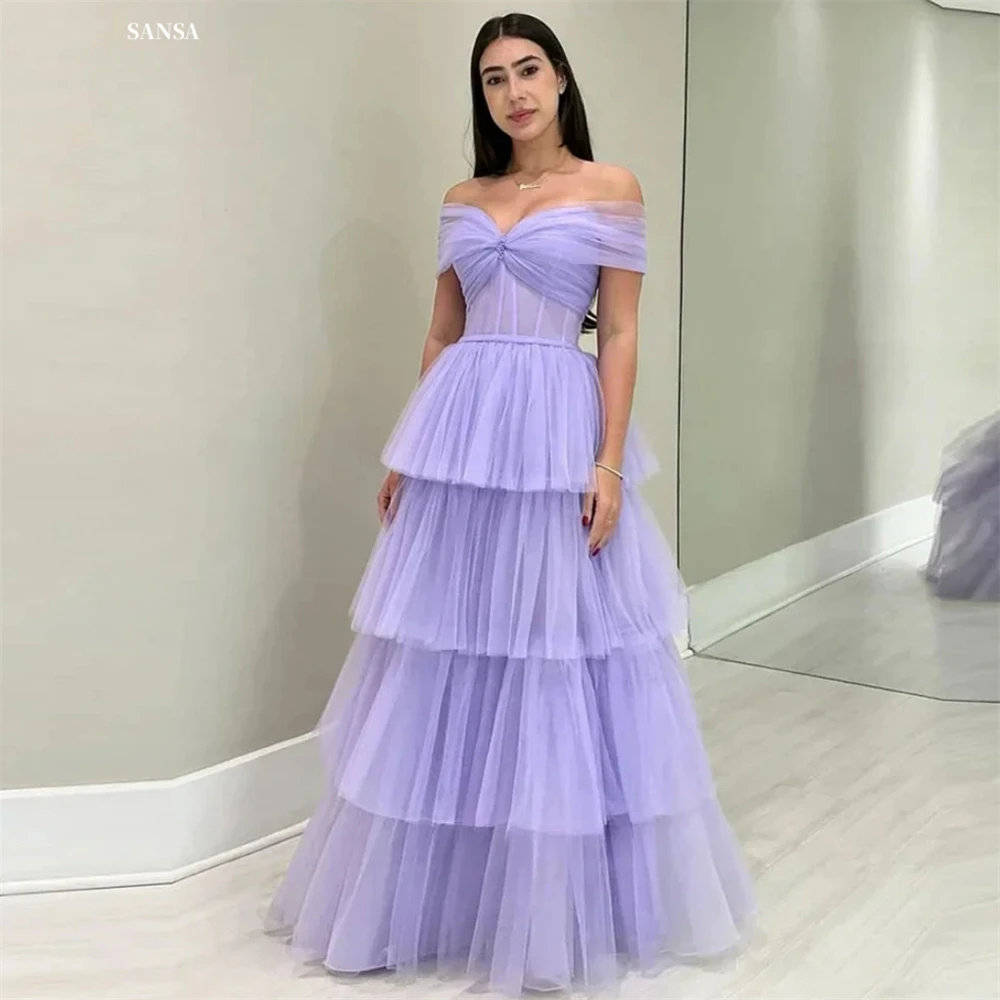 Sansa Customized Lavender A-Line Off the Shoulder Sweet Prom Dress Multilayer Pleats Vestidos De Noche Floor-Length Evening 2025