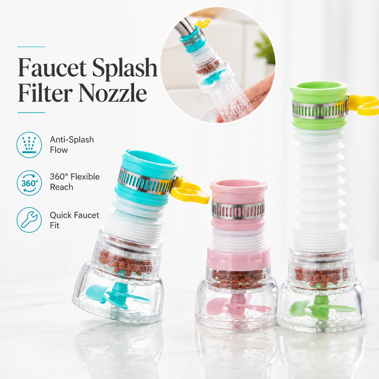 

1PC Kitchen Faucet Filter Attachment, 360° Rotating Water Saver Tap Nozzle, Splash-Proof Sink Aerator for Home Use