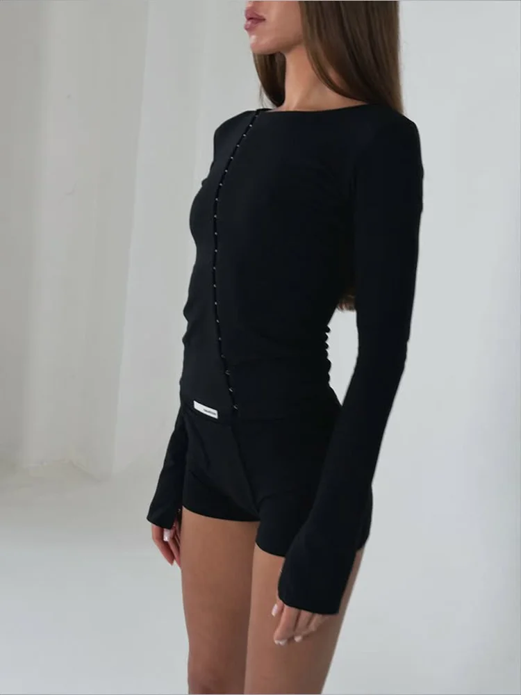 Ahagaga Fashion Solid Women's Tops Single Breasted Regular Long Sleeves Slim Fit High Street O-Neck Autumn Basic Tees Female