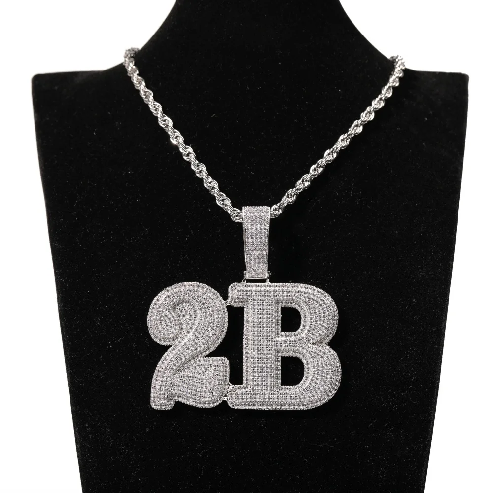 Custom Two-Color Big Letter&Numbers Covered CZ Pendant With 13MM Cuban Chain Iced Out Necklace Jewelry For Him Birthday Gifts