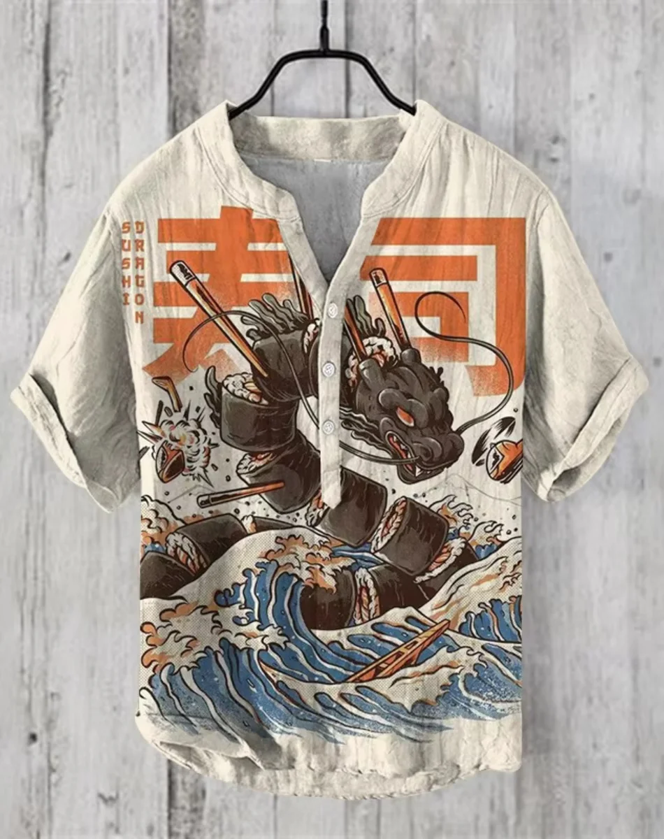 越境直販パーソナライズされたアニメ 3D 印刷カジュアル半袖リネンシャツメンズルーズユース文学シャツ高速