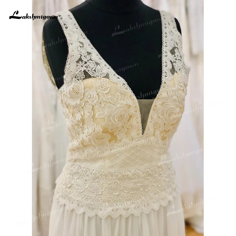 Vestidos de novia bohemios con escote en V profundo, Espalda descubierta, apliques de encaje, línea A, vestidos de novia de gasa con hombros descubiertos