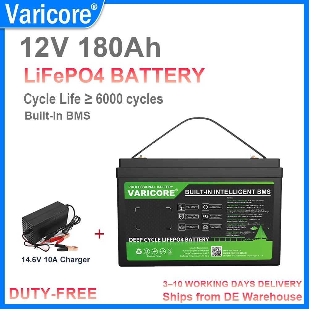 Batterie VariCore 12V 180Ah LiFePO4 avec BMS intelligent intégré et écran LCD, batterie au lithium fer phosphate à décharge profonde pour camping-car, énergie solaire, camping, voiturette de golf, moto, stockage d'énergie éolienne