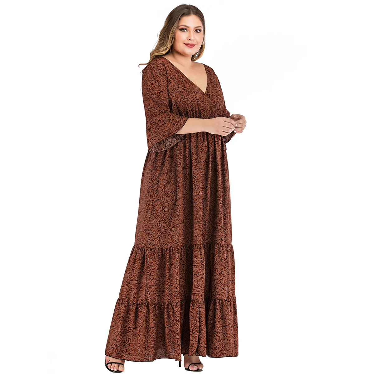 5XL 6XL Plus Size Dress Women Summer V Neck Flare Sleeve Leopard Print Boho Beach Dress Ruffles High Waist Maxi Long Dresses