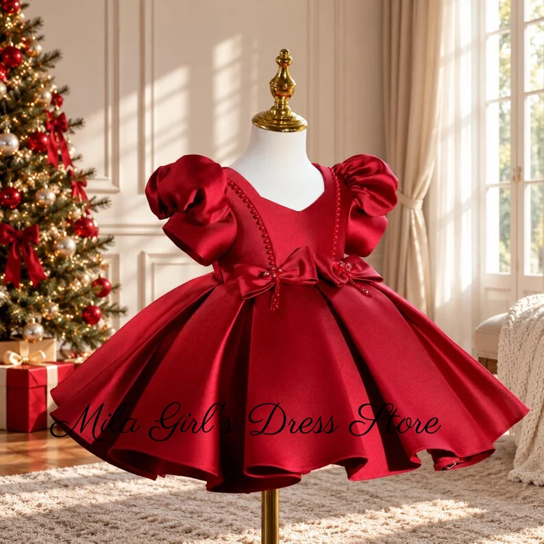 Red High-Quality Satin V Neck Flower Girl Dresses Baby Girls' First Birthday Princess Dress Wedding Customized Communion Gowns
